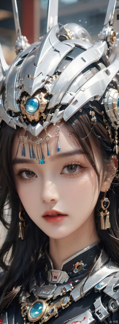 1girl,depth of field,earrings,Chinese Yi ethnic clothing,(mecha clothing:1.3),Silver headwear,Metal tassels,Yi ethnic metal jewelry,round silver necklace,complex jewelry,super complex headpiece,crescent shaped headpiece,mecha,(mechanical limb:1.3),Complex helmet,luster audience looking,the silver metal surface,