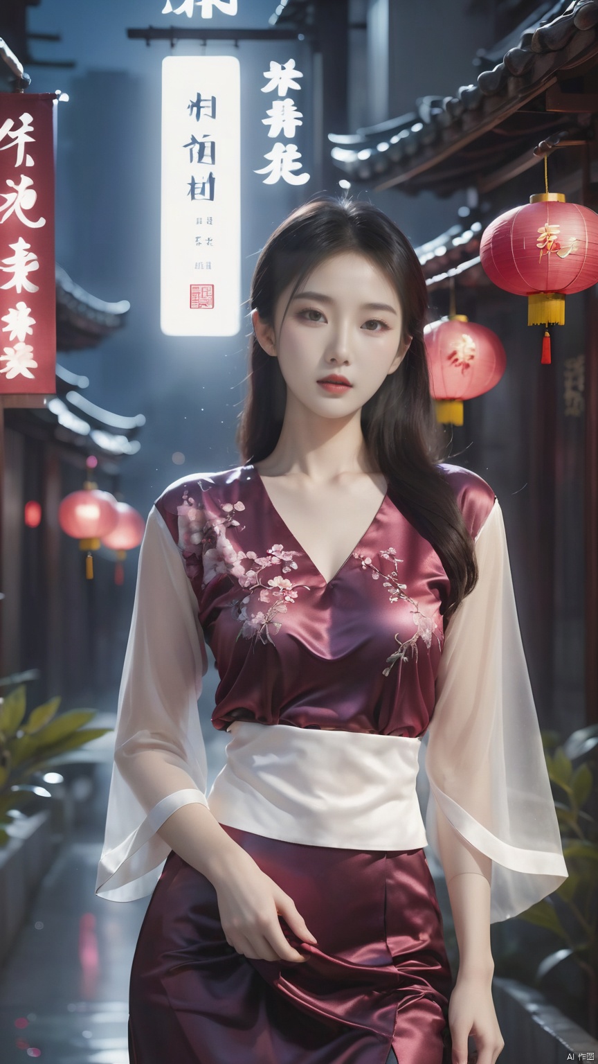 Translucent embroidery, top light, back light, cityscape, night, dark, red plum, Chinese text. , glossy transparent material style, abstract design, ethereal phantom, lifelike, black and white tones, shenhua, Bloom_The girl in the flower