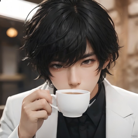1boy,black hair,blurry background,cup,depth of field,holding,Black Zhongshan suit,indoor,Sitting posture,Holding a cup in hand,Short hair,lips,long sleeves,male focus,realistic,sitting,solo,upper body