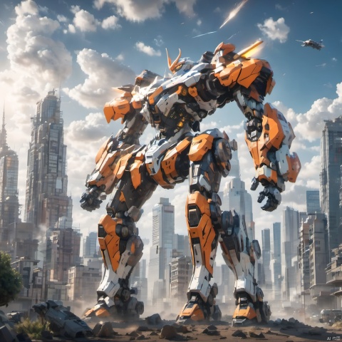  (masterpiece, best quality:1.2),Giant mecha,Vital Suits ,building,city,city lights,cityscape,cloud,cloudy sky,destruction,evening,glowing,Luminous mecha,Complex mecha structure,White, orange, and black mecha,Strong mecha body,Multi light source mecha,Giant mecha firearms,full body,Super complex mechanical structure,holding gun,mecha,mountain,no humans,outdoors,power armor,realistic,ruins,science fiction,sky,skyline,skyscraper,smoke,weapon,1girl