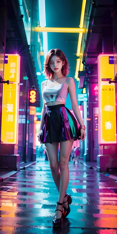 (best quality:1.3),(masterpiece:1.2),16k,Neon light background,Cyberpunk background,Cyberpunk,The lighting effect reflected by neon lights on the character's body,Neon lighting effect,1girl,breasts,building,collarbone,colored skin,full body,hologram,looking at viewer,medium breasts,neon lights,shoes,skirt,sleeveless,solo,standing