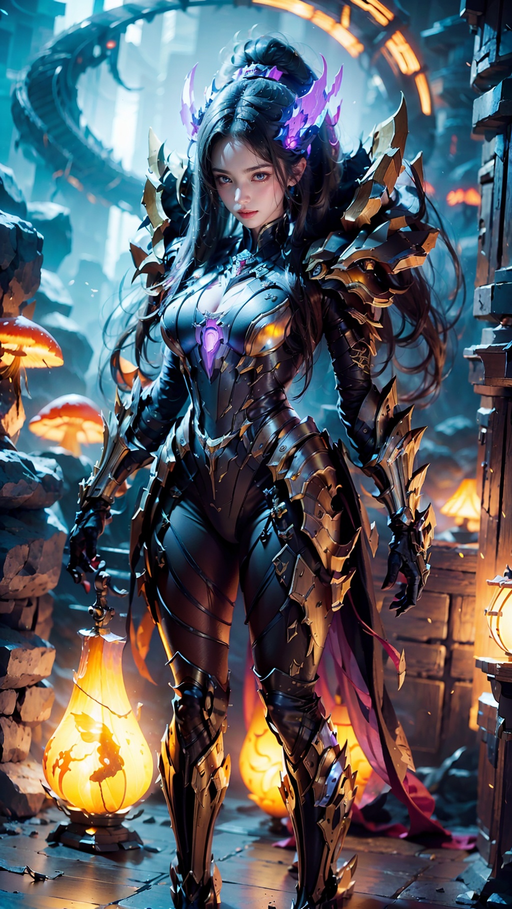 Zerg mecha (Queen), Mushroom Forest, mecha, armor, full body, mechanical arthropods, sharp armor, mushroom forest background, glowing mushrooms, shining mushrooms, multi mushrooms, gloves, complex armor, mecha, mechanical boots, standing, black long hair, sharp fingers, terrifying hand weapons, abnormal hands, mechanical spider legs behind, single ponytail, semi exposed thighs, ground, outdoor, blurry background, The purple glowing spot at the knee, 1girl, glow, cyberhanfu, mech,Steampunk mecha