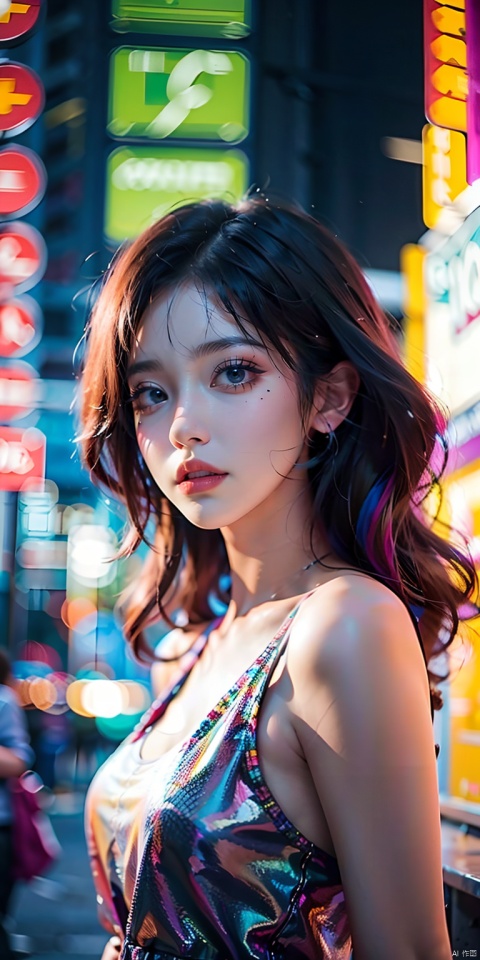 (best quality:1.3),(masterpiece:1.2),16k,Neon light background,Cyberpunk background,Cyberpunk,The lighting effect reflected by neon lights on the character's body,Neon lighting effect,1girl,blurry,blurry background,bokeh,depth of field,hood,lens flare,lips,lipstick,long hair,makeup,mole,multicolored hair,nose,open mouth,realistic,solo,teeth