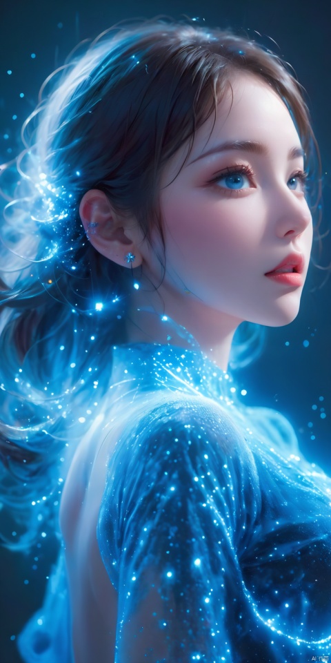  (blue light particles:1.5),Light particle skin,Light particle energy fluid,(Light particles covering the body:1.5),Light Particle Art,Light particle effects,1girl,blue skin,blue eyes,earrings,jewelry,light particles,parted lips,blue hair,solo,Light particles covering the body, glow