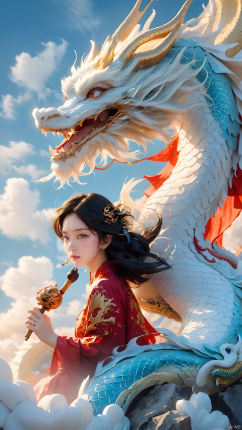 The girl and the Chinese dragon,Chinese dragon,1girl,bare shoulders,black hair,squama ,The hair on the faucet,Ultimate details,Dragon horn,blue sky,cloud,Close range,White Dragon,Golden Dragon Horn,The dragon head is suspended above the girl,The girl sat next to the dragon, on a rock, looking at the camera,Open the dragon's mouth,day,dragon,dress,eastern dragon,long hair,oversized animal,petals,scales,sky,solo,teeth,wind, Chinese dragon