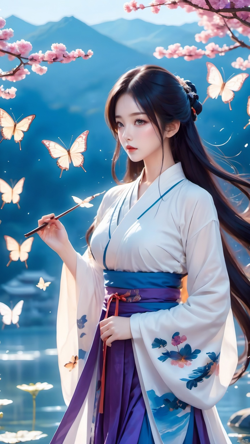 line art,line style,as style,best quality,masterpiece, The image features a beautiful anime-style illustration of a young woman. She has long black hair and is dressed in a traditional Chinese outfit. The outfit consists of a white top with blue and purple accents, a long skirt, and a butterfly-shaped mirror in her hand. She stands against a backdrop of a clear blue sky and a body of water, with butterflies fluttering around her. AI painting pure tag structure: anime, art, illustration, traditional clothes, blue, white, long hair, black hair, butterfly, mirror, sky, water