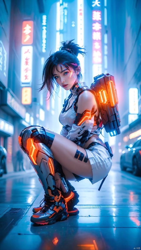  1girl,Dynamic Pose, Lines of light on the body,armor,(One leg squat, one leg kneeling, looking at the camera：1.5）, glowing clothing, shoulder mech, thigh mech, slanting body, above the knee, upper body, multi-light clothing, city, cyberpunk, depth of field, independence, architecture,A cyberpunk girl, hand