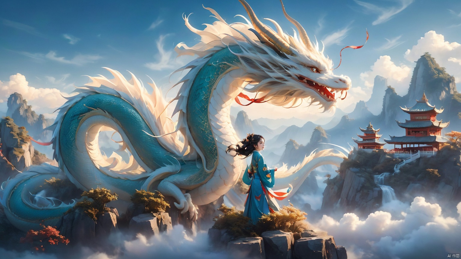 The girl and the Chinese dragon,Chinese dragon,1girl,black hair,blue sky,Chinese Hanfu,squama ,The hair on the faucet,Ultimate details,Dragon horn,The graceful and winding dragon body,cloud,cloudy sky,day,White Dragon,prospect,The girl stood on a suspended tree trunk, leaning sideways, appearing small and full body,Open the dragon's mouth,dragon,eastern dragon,horizon,long hair,mountain,mountainous horizon,ocean,outdoors,scenery,sky,solo,standing,water,waves, Chinese dragon, glow