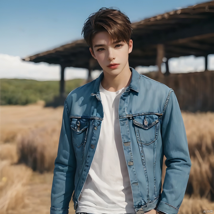 1boy,blurry background,brown eyes,denim,denim jacket,jacket,jeans,lips,standing,(Short hair:1.5),outdoors,realistic,shirt,solo,standing,torn clothes,torn jeans,torn pants