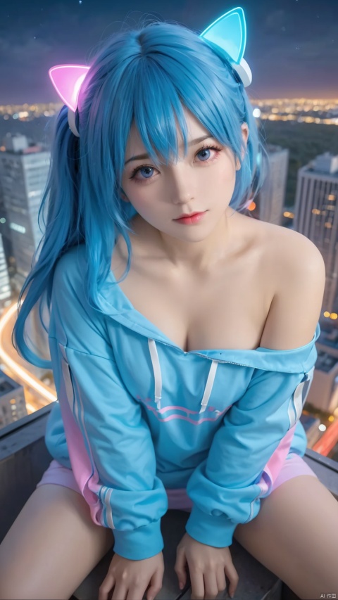 (masterpiece), best quality, ultra high res,, cyberpunk 1girl flying above stunning cityscape ,hoodie,blue hair, neon color shooting stars, very long hair, off shoulder, feather hair ornament, neon colors, flashes, stunning night sky, cinematic lighting, photorealistic, realistic skin, HDR,fisheye, 1 girl