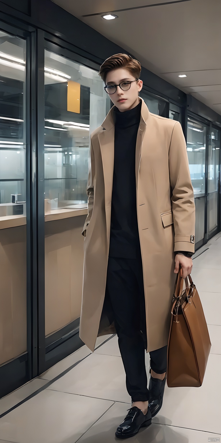 1boy, monochromatic clothing, modern architecture, mobile phone or laptop, frameless glasses, wallet, watch, high-end leather bag, flat shoes, gray tone, coffee shop, modern art museum, design studio, urban scenery, skyline, subway station
