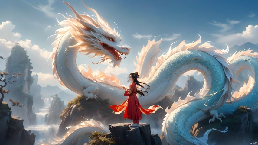 The girl and the Chinese dragon,Chinese dragon,1girl,black hair,blue sky,Chinese Hanfu,squama ,The hair on the faucet,Ultimate details,Dragon horn,The graceful and winding dragon body,cloud,cloudy sky,day,White Dragon,prospect,The girl stood on a suspended tree trunk, leaning sideways, appearing small and full body,Open the dragon's mouth,dragon,eastern dragon,horizon,long hair,mountain,mountainous horizon,ocean,outdoors,scenery,sky,solo,standing,water,waves, Chinese dragon, glow