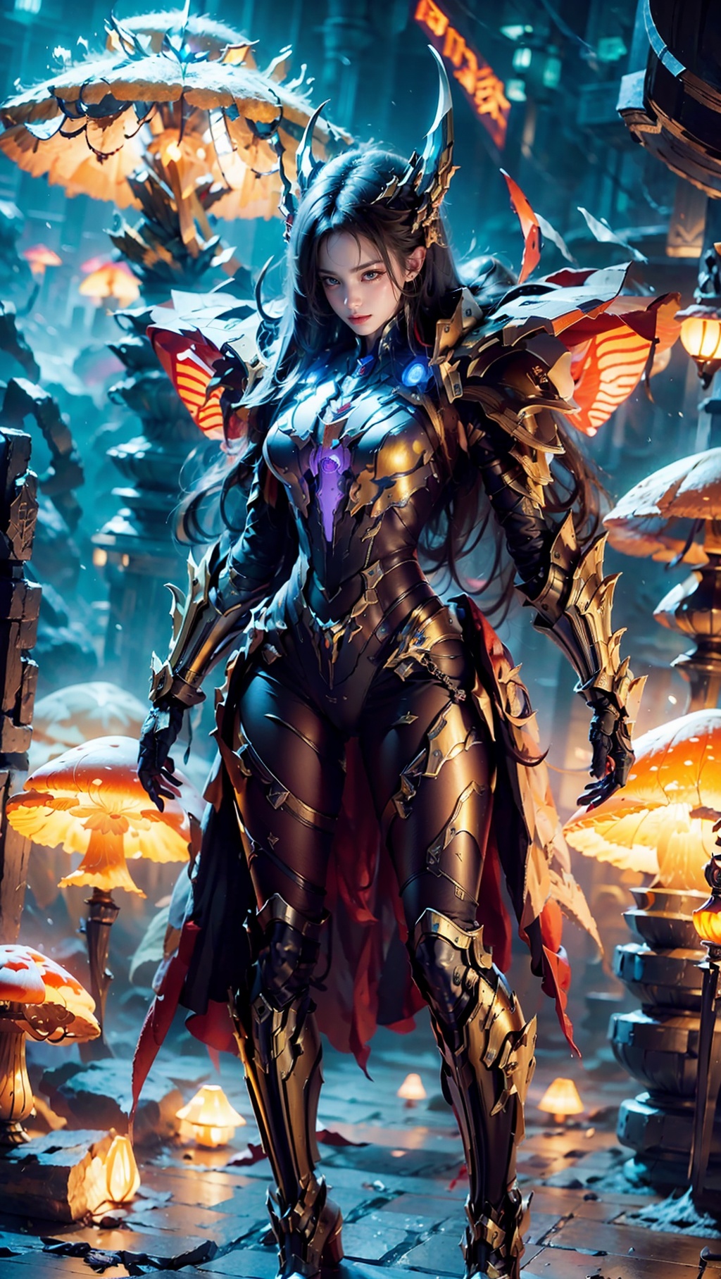 Zerg mecha (Queen), Mushroom Forest, mecha, armor, full body, mechanical arthropods, sharp armor, mushroom forest background, glowing mushrooms, shining mushrooms, multi mushrooms, gloves, complex armor, mecha, mechanical boots, standing, black long hair, sharp fingers, terrifying hand weapons, abnormal hands, mechanical spider legs behind, single ponytail, semi exposed thighs, ground, outdoor, blurry background, The purple glowing spot at the knee, 1girl, glow, cyberhanfu, mech,Steampunk mecha