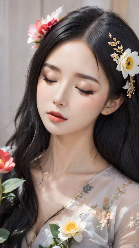 1girl, solo,black hair,closed mouth,closed eyes,flower,eyelashes, makeup, fdjz