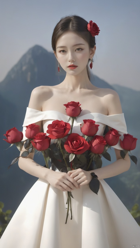 1girl, solo, dress, bare shoulders, collarbone, flower, rose, bug, red flower, red rose, (in style of Alexander McQueen:1.1), beautiful details (masterpiece,best quality:1.4),