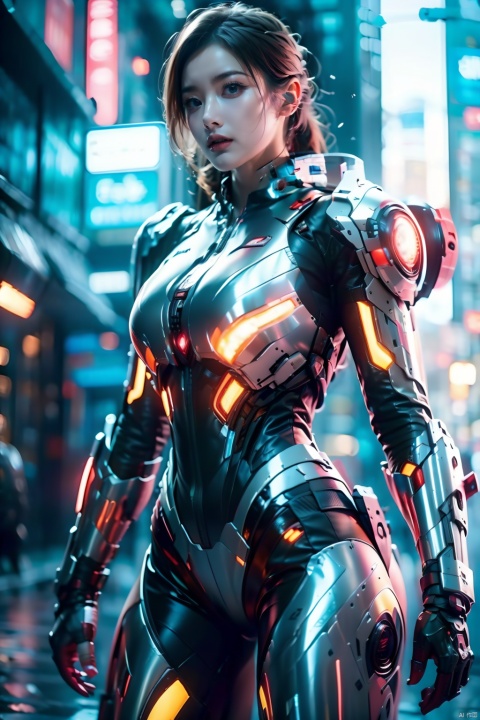  1girl,Future style gel coat,Future Combat Suit,armor,blurry background,bodysuit,breasts,building,Glowing Clothing,Shoulder mecha,Oblique lateral body,Above the knee,Grey gel coat,Upper body,Clothing with multiple light sources,city,cowboy shot,cyberpunk,depth of field,looking at viewer,medium breasts,realistic,science fiction,solo,standing,机械耳机, Aerospace mecha