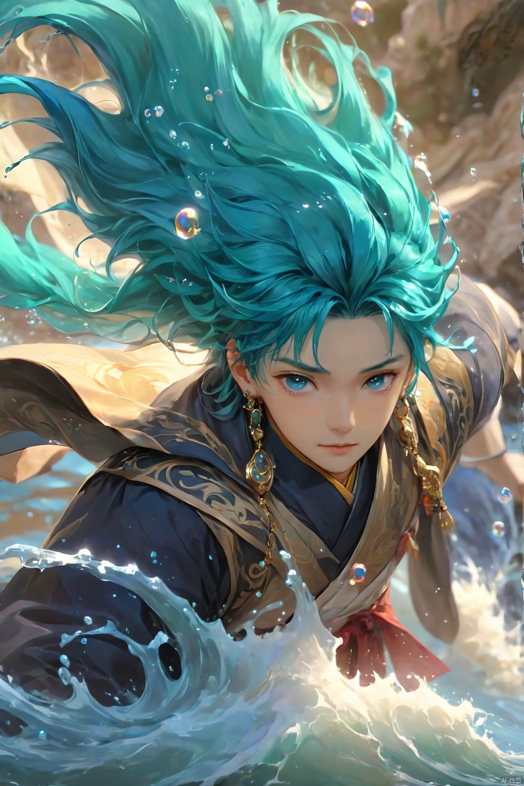 1 boy, upper body, above thigh, front, dynamic posture, hanbok, floating, bubbles, aqua hair, blue hair, foam, floating hair, jewelry, long hair, look at the audience, male focus, fluid, water Magic, fluid hair, running water, necklaces, oceans, 1girl