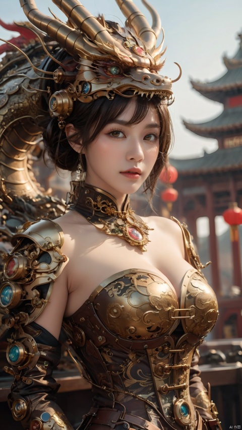 Complex mechanical structure of the Chinese dragon,Steampunk,Machinery Chinese Loong,1girl,breasts,cleavage,fantasy,details,strapless ,Slightly sideways, upper body, above buttocks, looking at the camera,armor,Precision structure,jewelry,lips,looking at viewer,medium breasts,short hair,upper body, 1girl