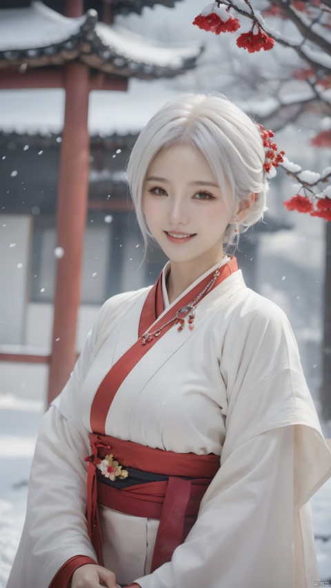 masterpiece,best quality,high quality,(colorful),[Artist miwano rag],[Artist toosaka asagi],[[[Artist wlop]]],[Artist chen bin],Artist Miv4t,in the snow, 1girl, solo, smile, short hair, white hair, brown eyes, jewelry, emotionless,hanfu,chinese_clothes,necklace, web address, snow, snowing, oil-paper,(white theme),(black theme),ink,tree,(red flowers), onnk