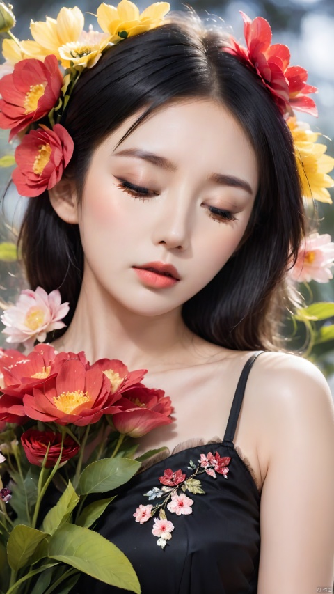 1girl, solo,black hair,closed mouth,closed eyes,flower,eyelashes, makeup, fdjz