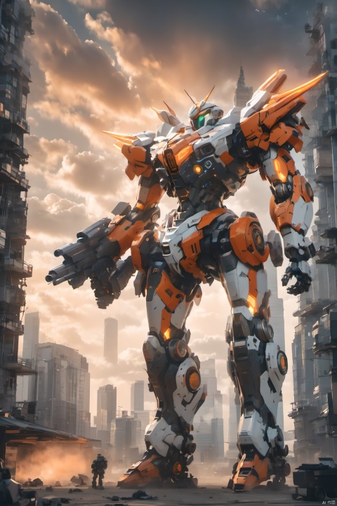  (masterpiece, best quality:1.2),Giant mecha,Vital Suits ,building,city,city lights,cityscape,cloud,cloudy sky,destruction,evening,glowing,Luminous mecha,Complex mecha structure,White, orange, and black mecha,Strong mecha body,Multi light source mecha,Giant mecha firearms,full body,Super complex mechanical structure,holding gun,mecha,mountain,no humans,outdoors,power armor,realistic,ruins,science fiction,sky,skyline,skyscraper,smoke,weapon,1girl