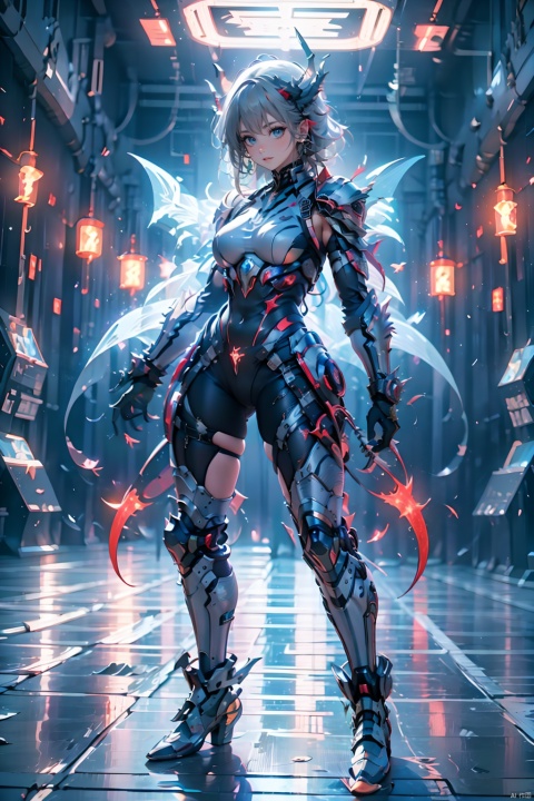  Zerg Mech (Queen),Armor,full body,Mechanical arthropods,Sharp armor,glove,Red and black armor,Sharp horns on the head,Sharp limb structures throughout the body,indoor,The metal barb structure on the shoulder armor,Micro lateral body,Complex armor,Calf mecha,Thigh mechanical,Mechanical boots,standing,ground,Gray hair, 1girl