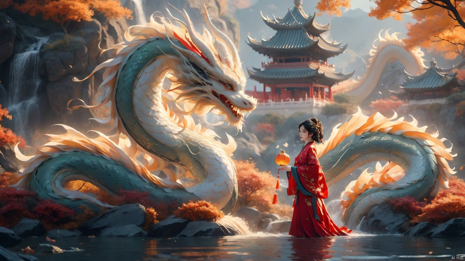 The girl and the Chinese dragon,Chinese dragon,1girl,autumn,autumn leaves,Chinese Hanfu,squama ,The hair on the faucet,Ultimate details,Dragon horn,The graceful and winding dragon body,black hair,dragon,Shuitan,dragon horns,The girl stood on a stone by the pool, leaning sideways, appearing small and full body,eastern dragon,horns,long hair,rock,scales,splashing,standing,very long hair,wading,water,waterfall, Chinese dragon, glow
