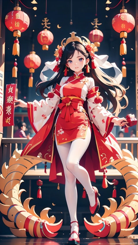 1girl,Chinese New Year,Welcoming Spring Girl,Spring welcome clothing,Hanfu,Chinese knot,Red Theme,White top,Big long legs,Red skirt,The huge mecha building behind it,full body,front,Animal mechs crossing over their feet,Tassel earrings,Looking up,Red leggings,ancient Chinese architecture,Red Lantern,Zhang Deng Jie Cai,Full of joy and joy,Spring Festival couplets,Ancient Chinese script,Brown eyes,Clothing printing, Bride in wedding attire,Red wedding dress, Chinese Dragon