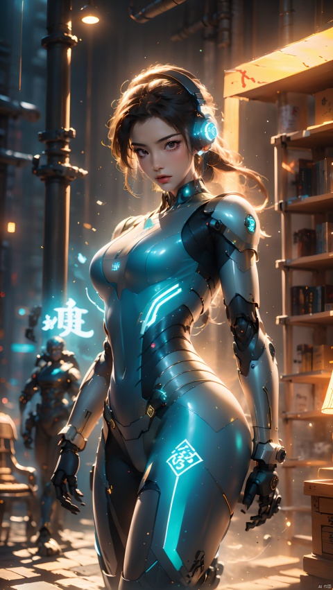 1 girl, dynamic pose, mecha, mecha girl, solo, mechanical limbs, robot, details, super details, super mecha, long legs, headphones, (sheet), glow, indoor, masterpiece, best quality, Joel Brier, movie lighting, professional lighting, solo focus, sharp focus, movie shadows, robot, glow, hearing saint, multi energy text, energy pairing, glow text, transparent text, energy behind Chinese characters, glow, hazy light, floodlight, lighting effects, optical particles, glow, high brightness contrast,