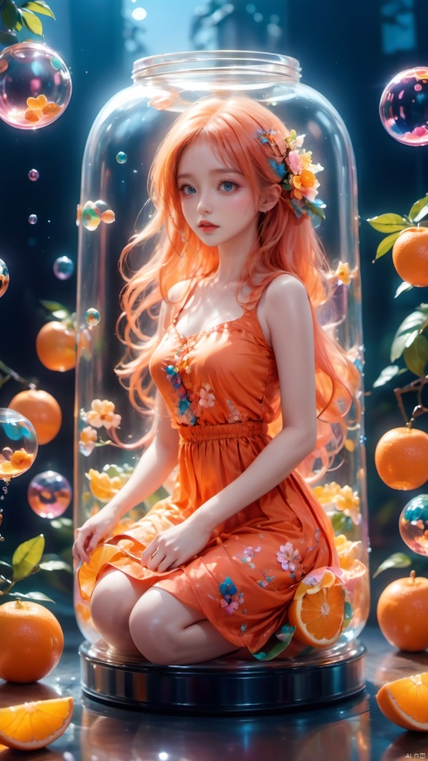 (masterpiece), (best quality), illustration, ultra detailed, hdr, Depth of field, (colorful), loli,(flowers background:1.45),(transparent background:1.3)(an extremely delicate and beautiful girl inside of glass jar:1.2), (glass jar:1.35),(solo:1.2), (full body), (beautiful detailed eyes, beautiful detailed face:1.3), (sitting ), (very long silky hair, float white hair:1.15), (medium_breasts, tally and skinny:1.2), (Colorful dress:1.3), (extremely detailed lace:0.3), (insanely detailed frills:0.3),(hairband , orange hair_ornament:1.25),orange cans,water surface,full body,(bottle filled with orange water,bottle filled with Fanta:1.25), (many fruits in jar, many Sliced_fruits in jar:1.25), (many bubbles:1.25), Colorful Girl