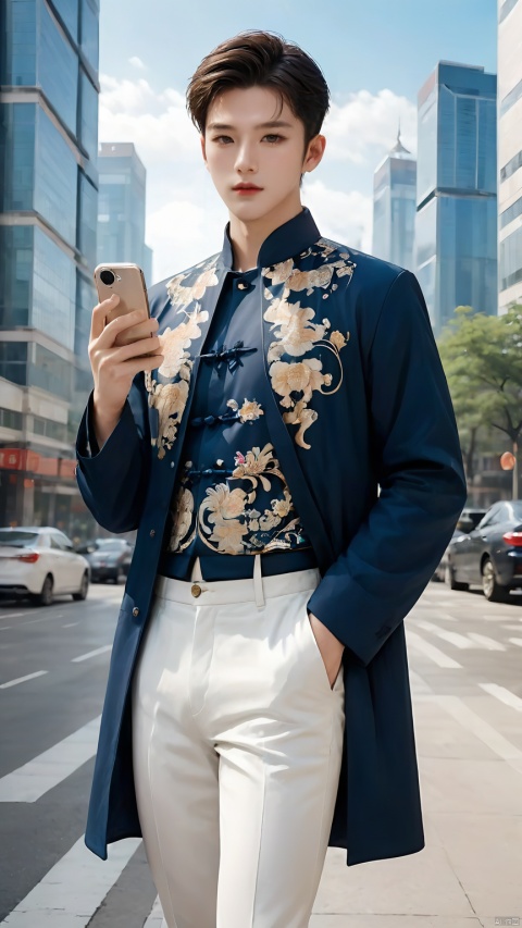 1boy,A handsome man dressed in a stylish Chinese suit,his shirt embellished with traditional Chinese motifs,a smartphone in hand,and the high-rises and busy streets of a modern city as a backdrop,reflects his style of modern urban elite,