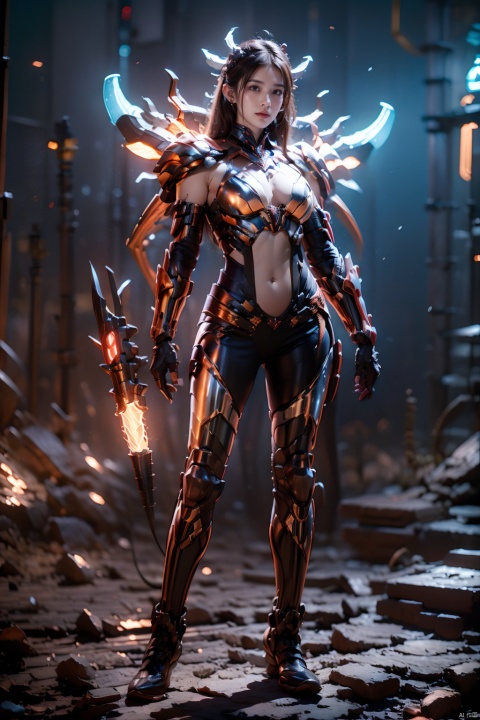  Zerg Mech (Queen),Armor,full body,Mechanical arthropods,Sharp armor,glove,Complex armor,Calf mecha,standing,Holding a glowing weapon in his hand,ground,Blur background,Tight fitting clothing,Navel,Half exposed chest,The cow horn mecha structure on the shoulder armor,The mechanical spider legs behind it,Black longhair,机械耳机, glow