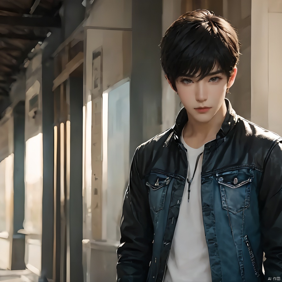 1boy,black hair,black jacket,brown eyes,denim,hands in pockets,jacket,jeans,Short hair,standing,leather,leather jacket,looking at viewer,male focus,open clothes,outdoors,realistic,solo,standing