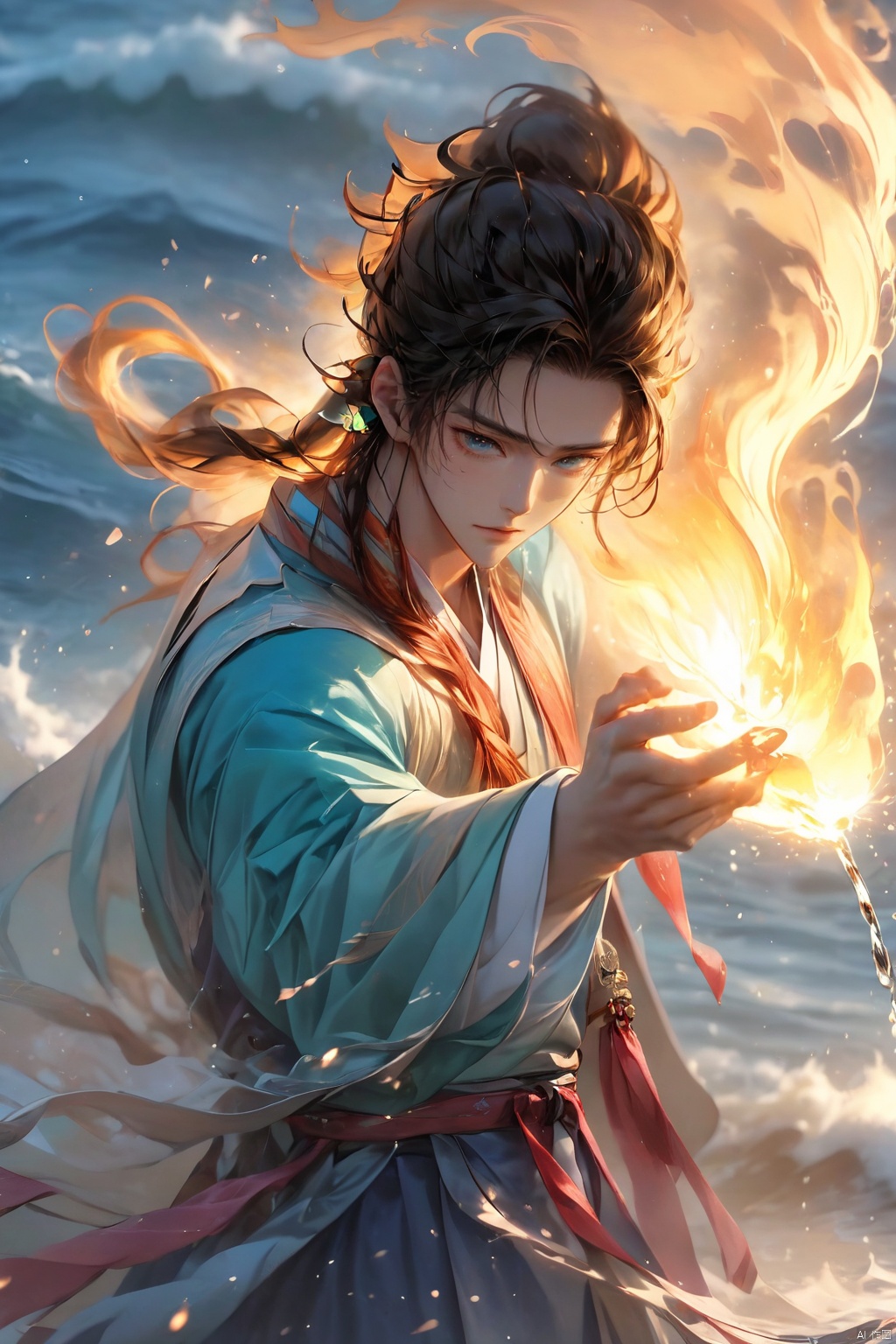 1 boy, upper body, dynamic pose, hanbok,  burning hair, shut up, evening, fire, fire, floating hair, liquid, flowing water, water magic, liquid fire, long hair, looking at the audience, ocean, partially submerged, ripples, solo, water, droplets, waves, moisture