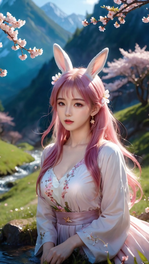 masterpiece,best quality,official art,extremely detailed CG unity 8k wallpaper,realistic,light rays,light particles, 1girl,solo,1boy,medium chest,dress, in a meadow,stream,mountain,cherry_blossoms,flower,outdoors, long_hair,earrings,hair_ornament,rabbit ears,pink hair, dynamic pose,looking at viewer,