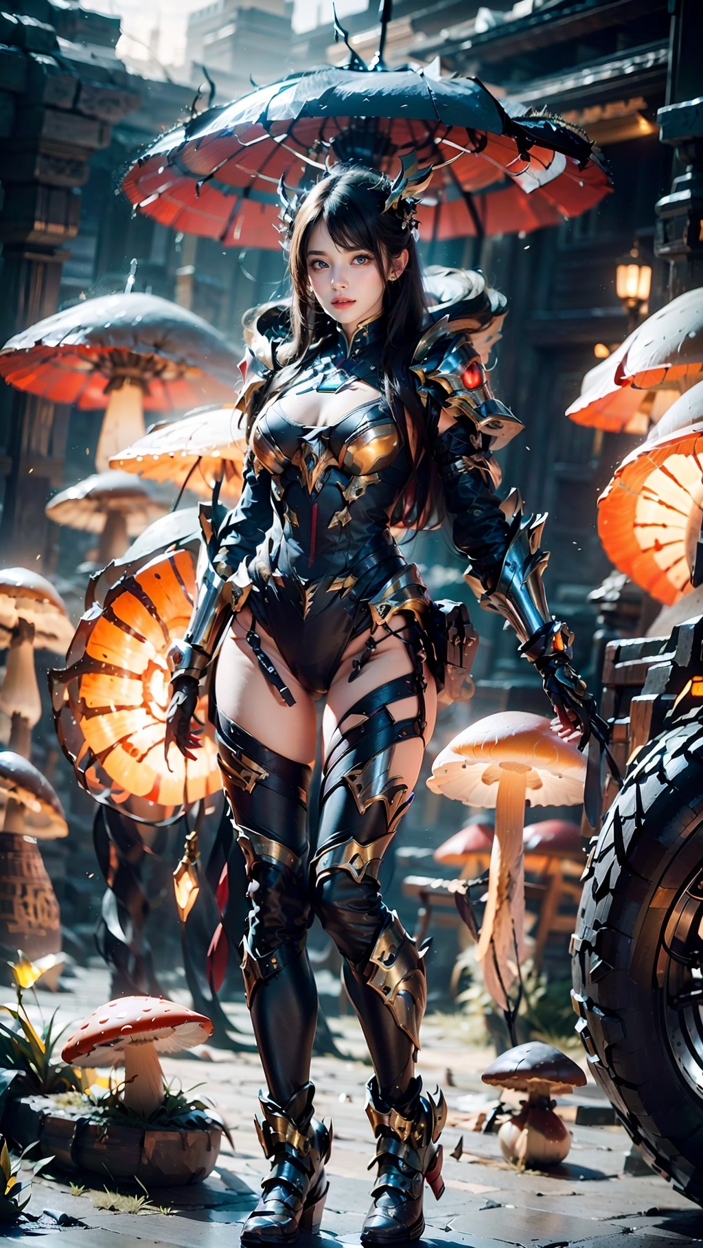 Zerg mecha (Queen), Mushroom Forest, mecha, armor, full body, mechanical arthropods, sharp armor, mushroom forest background, glowing mushrooms, shining mushrooms, multi mushrooms, gloves, complex armor, mecha, mechanical boots, standing, black long hair, sharp fingers, terrifying hand weapons, abnormal hands, mechanical spider legs behind, single ponytail, semi exposed thighs, ground, outdoor, blurry background, The purple glowing spot at the knee, 1girl, glow, cyberhanfu, mech,Steampunk mecha, Cuiyu Armor