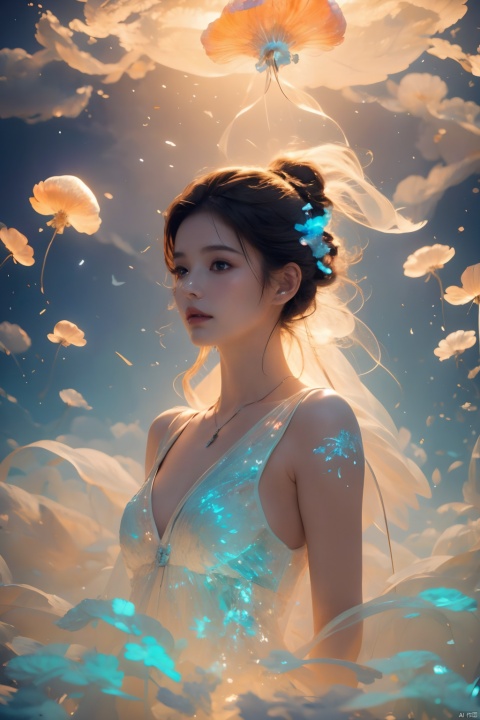  1girl,wearing Collectable Space Age Pearlescent Bracers, soft focus, Modern Art, （key light：1.2）,flower,jellyfish, Grayscale, glittering, runes,( Light streaks:1.3), （highly detailed：1.3）, 8K,jellyfishforest,,Fractal,smoke, cloud,Soaring through the clouds and mist