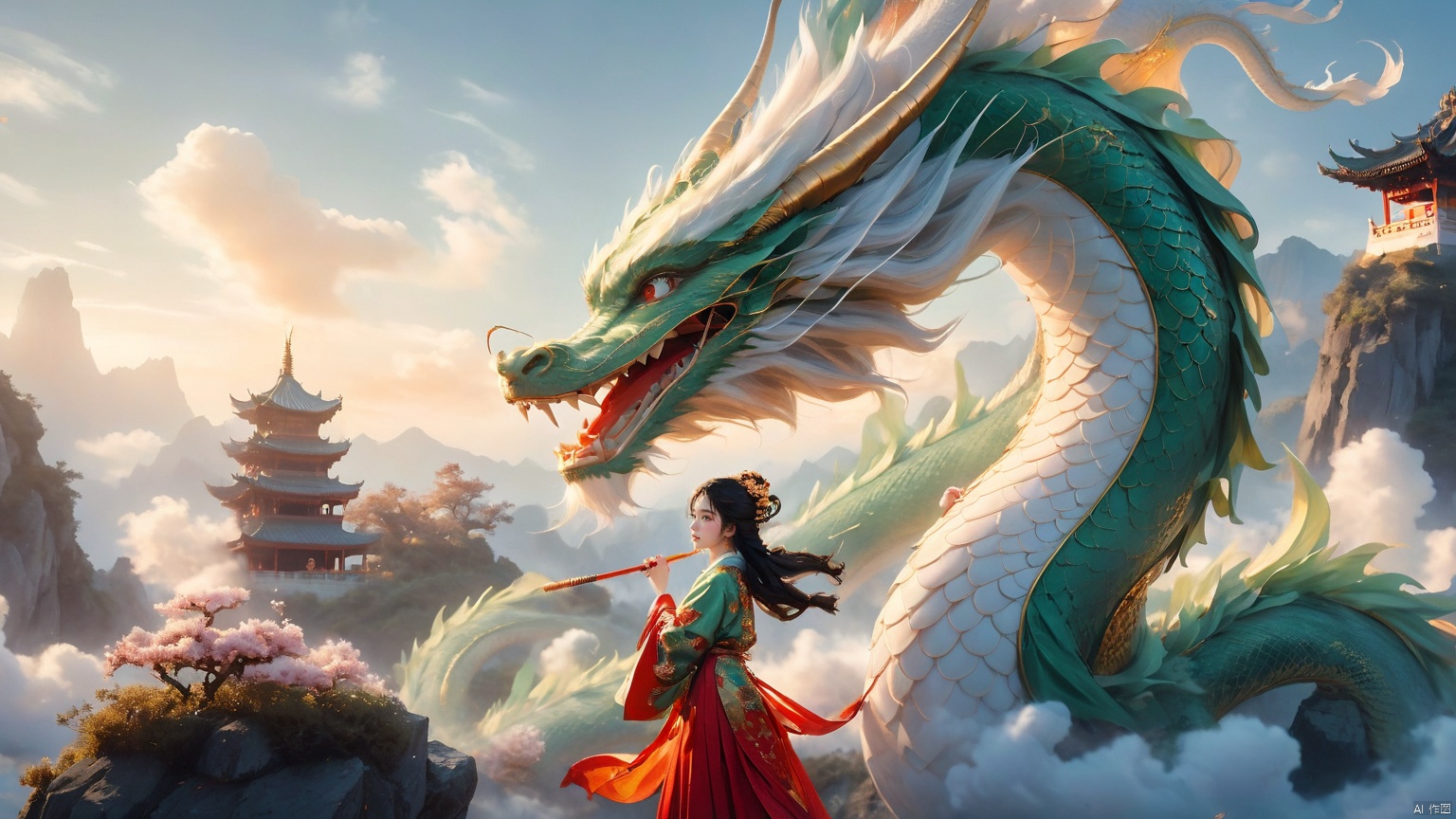 The girl and the Chinese dragon,Chinese dragon,1girl,black hair,cloud,Chinese Hanfu,squama ,The hair on the faucet,Ultimate details,Dragon horn,The graceful and winding dragon body,cloudy sky,dragon,Green Dragon,Looking at the camera,Oblique lateral body,The dragon's body coiled around the girl's side,Open the dragon's mouth,dragon horns,The camera looks up from below,eastern dragon,flower,glowing,horns,mountain,scales,sky,standing,sunset,teeth,twilight Chinese dragon, glow