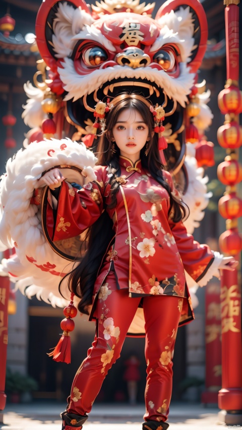  1girl,Chinese New Year,Welcoming Spring Girl,Spring welcome clothing,Hanfu,Chinese knot,Upper body,Red Theme,Red and white clothing,The dancing lion head on the head,Headwear,The metal mech behind it,Lion Dance,full body,ancient Chinese architecture,Red Lantern,Zhang Deng Jie Cai,Full of joy and joy,Spring Festival couplets,Ancient Chinese script,Brown eyes,Clothing printing, (\shi shi ru yi\)