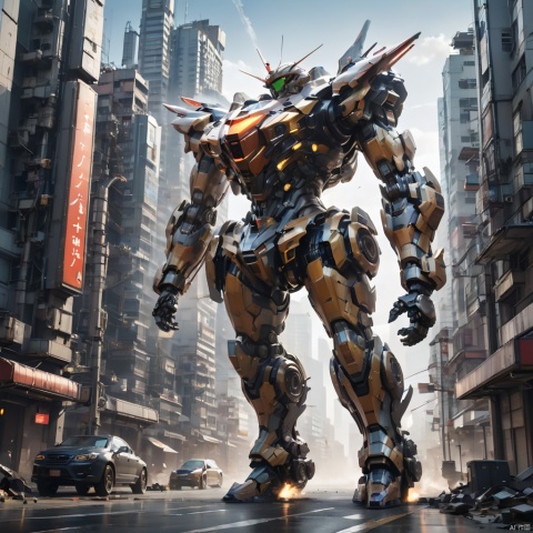 (masterpiece, best quality:1.2), Giant mecha, Vital Suits , building, Car tire structure feet, car, city, city lights, cityscape, cloud, day, destruction, east asian architecture, ground vehicle, Complex mecha structure, Looking up, Multicolored mecha, Half squat posture, full body, Super complex mechanical structure, mecha, outdoors, radio antenna, realistic, road, ruins, science fiction, skyscraper, street, traffic light, 1girl,