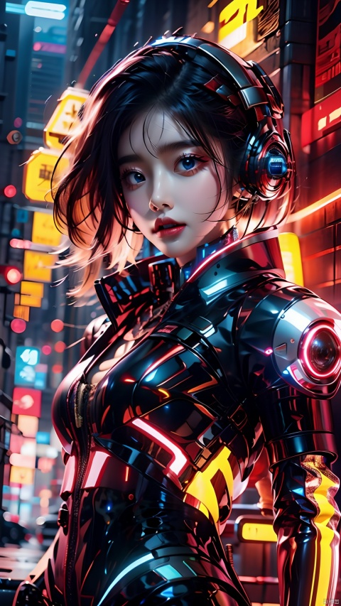  (best quality:1.3),(masterpiece:1.2),16k,1girl,blue eyes,brown hair,glowing,headphones,headset,looking at viewer,mecha,medium breasts,parted lips,Complex structure mecha,Blue glowing text on the chest,Full body silver white and black mecha,Metal mechanical collar,Robot arm,front,realistic,science fiction,short hair,solo,upper body,Above the abdomen,Mecha,Hard surface,Realistic materials,Glowing mecha,Multi light source mecha,night,Cyberpunk, Neon light background,Neon lighting effect,Cyberpunk background, robot