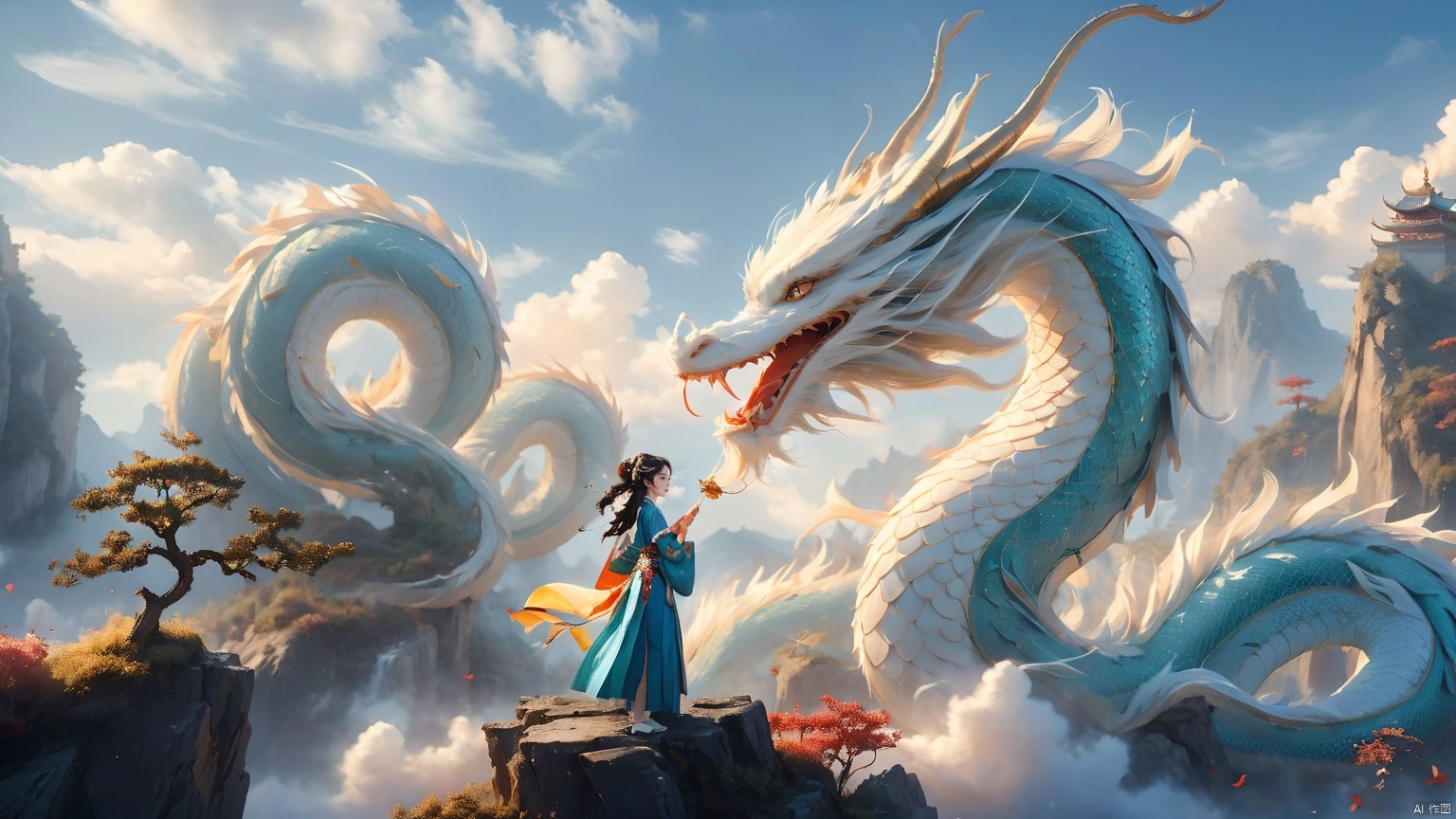 The girl and the Chinese dragon,Chinese dragon,1girl,black hair,blue sky,Chinese Hanfu,squama ,The hair on the faucet,Ultimate details,Dragon horn,The graceful and winding dragon body,cloud,cloudy sky,day,White Dragon,prospect,The girl stood on a suspended tree trunk, leaning sideways, appearing small and full body,Open the dragon's mouth,dragon,eastern dragon,horizon,long hair,mountain,mountainous horizon,ocean,outdoors,scenery,sky,solo,standing,water,waves, Chinese dragon, glow