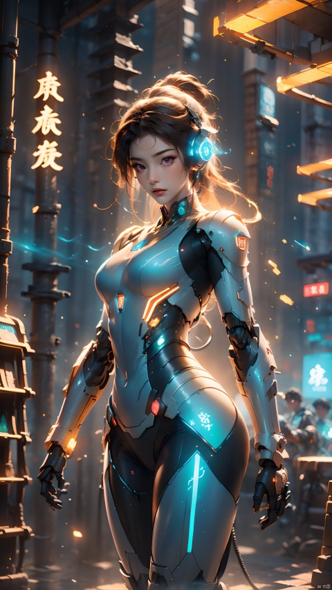 1 girl, dynamic pose, mecha, mecha girl, solo, mechanical limbs, robot, details, super details, super mecha, long legs, headphones, (sheet), glow, indoor, masterpiece, best quality, Joel Brier, movie lighting, professional lighting, solo focus, sharp focus, movie shadows, robot, glow, hearing saint, multi energy text, energy pairing, glow text, transparent text, energy behind Chinese characters, glow, hazy light, floodlight, lighting effects, optical particles, glow, high brightness contrast,