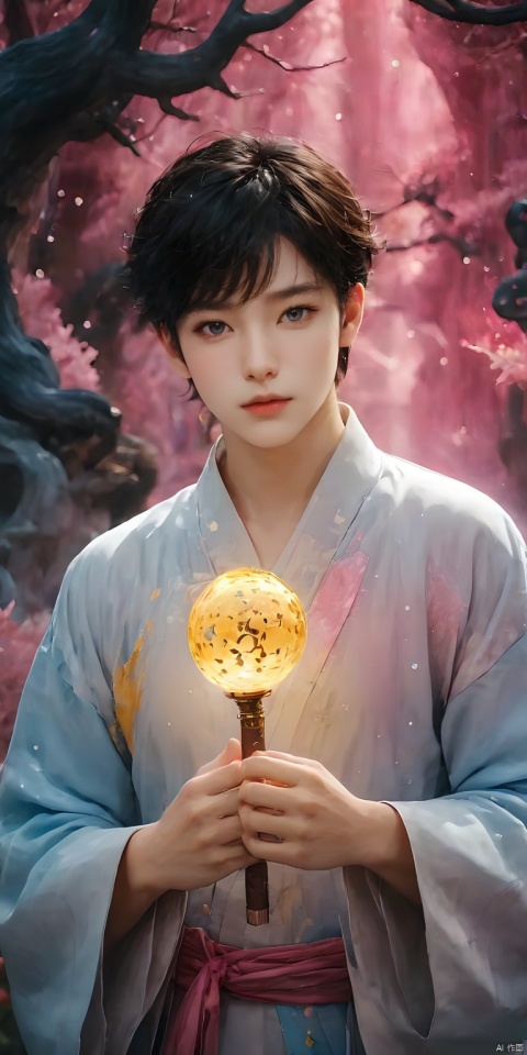  best quality,masterpiece,16k,1boy,(close-up:1.3),solo,holding sword,sword-dance,sparkling glass, sparkling star, stereoscopic Uneven crystal, realistic,Best quality, 8k, cg,high definition,pink_background,light,starry_background, naturalistic rendering, traditional chinese ink painting, 20% pink line, 10%yellow,water,corrugation,golden, 10%light blue,3D, starry sky, 1girl, 1boy,Chinese dragon, 1BOY