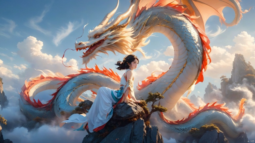 The girl and the Chinese dragon,Chinese dragon,1girl,bare shoulders,black hair,squama ,The hair on the faucet,Ultimate details,Dragon horn,blue sky,cloud,Close range,White Dragon,Golden Dragon Horn,The dragon head is suspended above the girl,The girl sat next to the dragon, on a rock, looking at the camera,Open the dragon's mouth,day,dragon,dress,eastern dragon,long hair,oversized animal,petals,scales,sky,solo,teeth,wind, Chinese dragon, glow