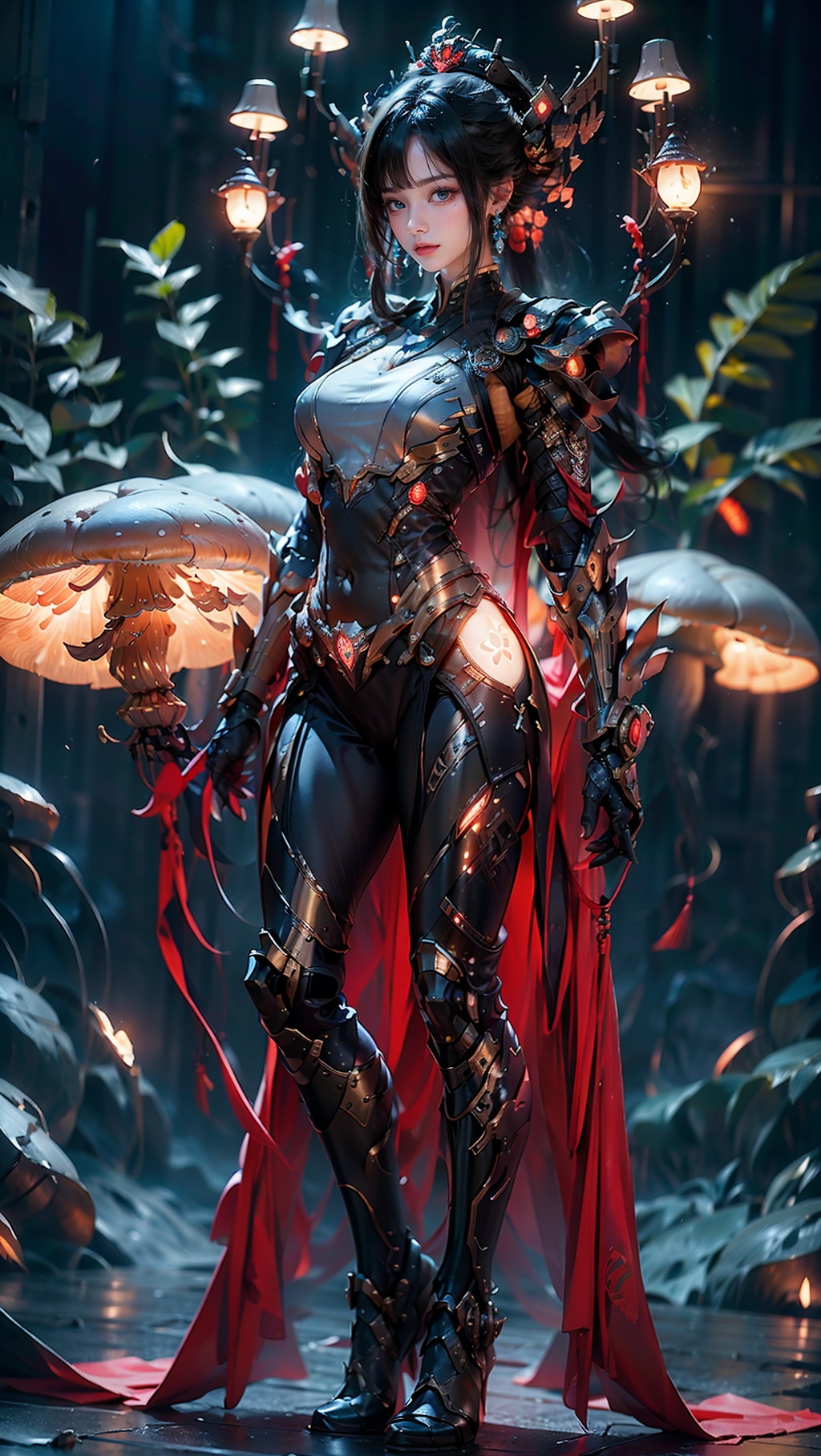 Zerg mecha (Queen), Mushroom Forest, mecha, armor, full body, mechanical arthropods, sharp armor, mushroom forest background, glowing mushrooms, shining mushrooms, multi mushrooms, gloves, complex armor, mecha, mechanical boots, standing, black long hair, sharp fingers, terrifying hand weapons, abnormal hands, mechanical spider legs behind, single ponytail, semi exposed thighs, ground, outdoor, blurry background, The purple glowing spot at the knee, 1girl, glow, cyberhanfu