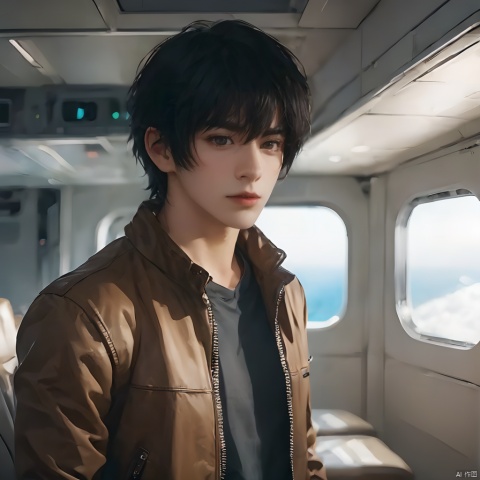 1boy,black hair,blurry background,depth of field,grey eyes,hair between eyes,jacket,lips,looking at viewer,indoor,standing,nose of an airplane,nose,open clothes,open jacket,realistic,shirt,Long hair,solo,upper body,zipper