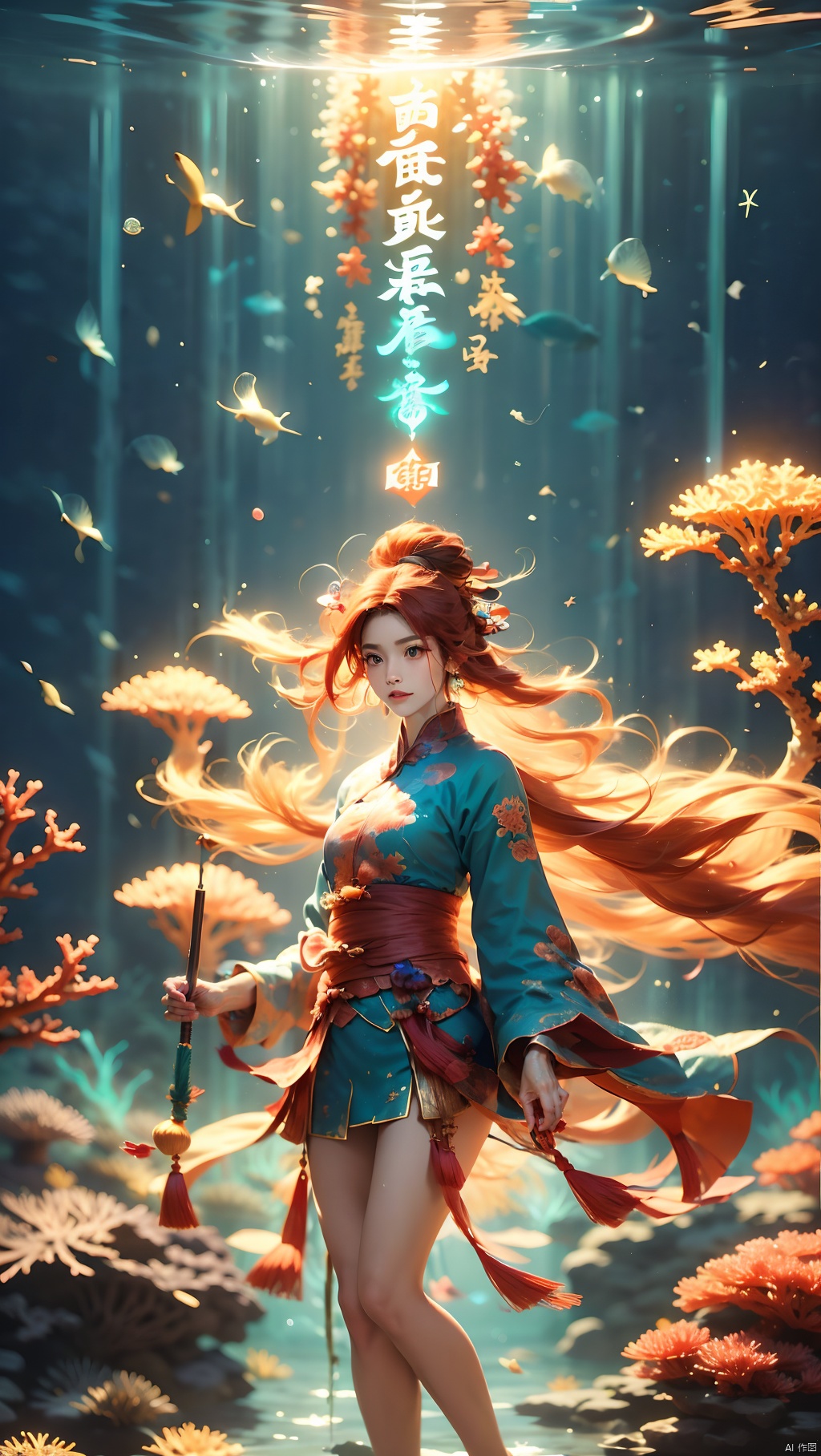 Coral Girl, a woman wearing blue and orange clothing standing in front of a coral reef, 1 girl, fiery red hair, full body, jewelry, long hair, makeup, orange hair, solo, standing, water, floating coral behind, super many corals, dynamic posture, floating hair, Wen Dao Sheng Zun, Multi energy text,Energy pairing,Glowing Text,Transparent text,The Energy Behind Chinese Characters 