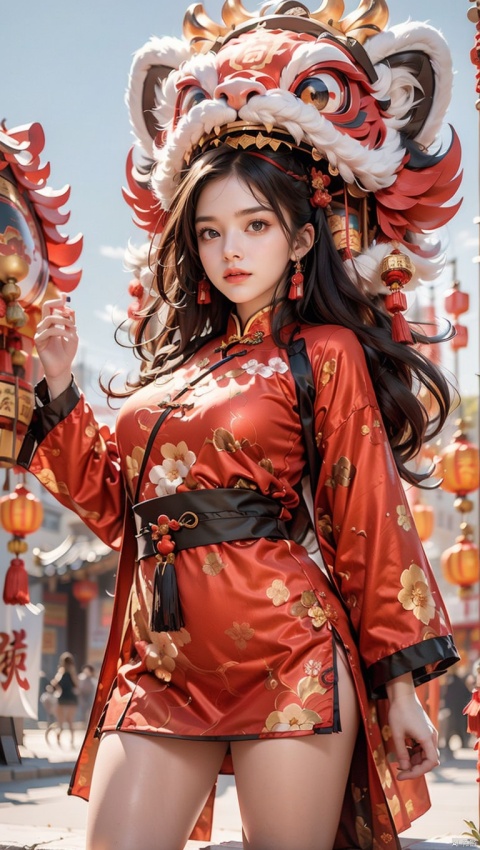  1girl,Chinese New Year,Welcoming Spring Girl,Spring welcome clothing,Hanfu,Chinese knot,Upper body,Red Theme,Red and white clothing,The dancing lion head on the head,Headwear,The metal mech behind it,Lion Dance,full body,ancient Chinese architecture,Red Lantern,Zhang Deng Jie Cai,Full of joy and joy,Spring Festival couplets,Ancient Chinese script,Brown eyes,Clothing printing, (\shi shi ru yi\),moyou,Lion dance