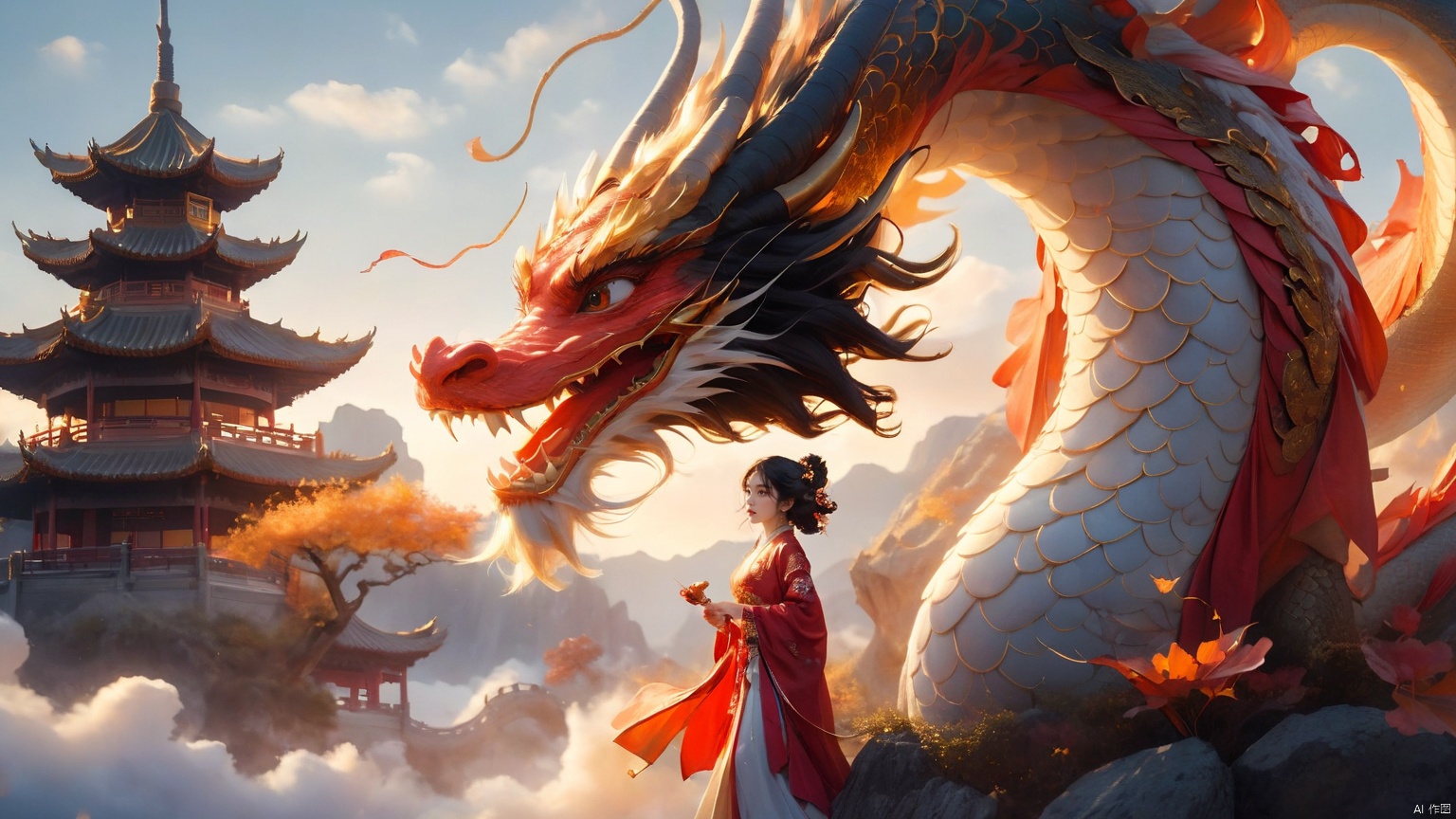 The girl and the Chinese dragon,Chinese dragon,1girl,autumn,autumn leaves,Chinese Hanfu,squama ,The hair on the faucet,Ultimate details,Dragon horn,The graceful and winding dragon body,black hair,campfire,cloud,The girl stood on the dragon's body, leaning sideways, with rocks blocking her feet,The dragon head is suspended above the girl,Mid to close range,Red Dragon,dragon,Open the dragon's mouth,The camera looks up from below,dragon horns,eastern dragon,evening,gradient sky,horns,long hair,scales,sky,smoke,sun,sunset,teeth,twilight, Chinese dragon, glow
